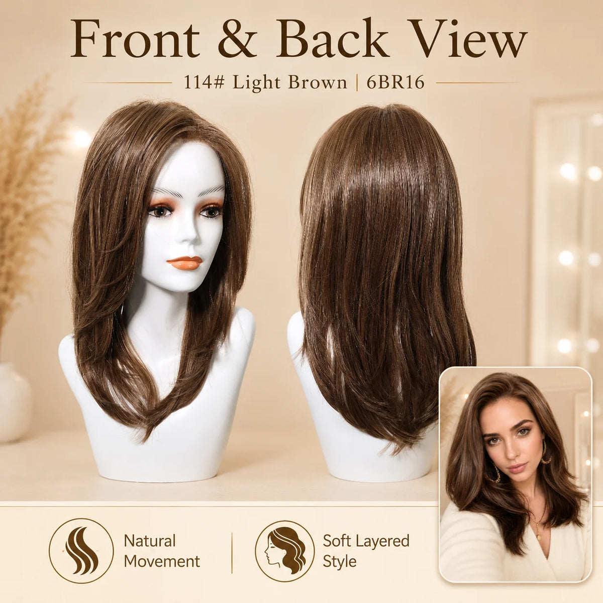 Light Brown Layered Synthetic Mono Top Wig for Women