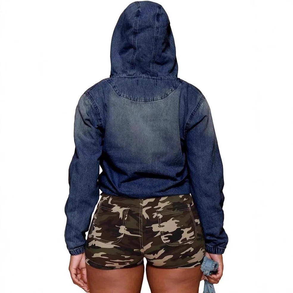 Hooded Denim Pullover Casual Short Jacket for Women