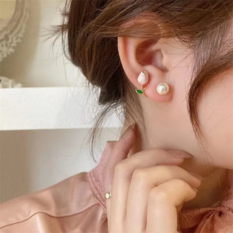 Pearl Tulip Enamel Stud Earrings With Zircon Drops for Women