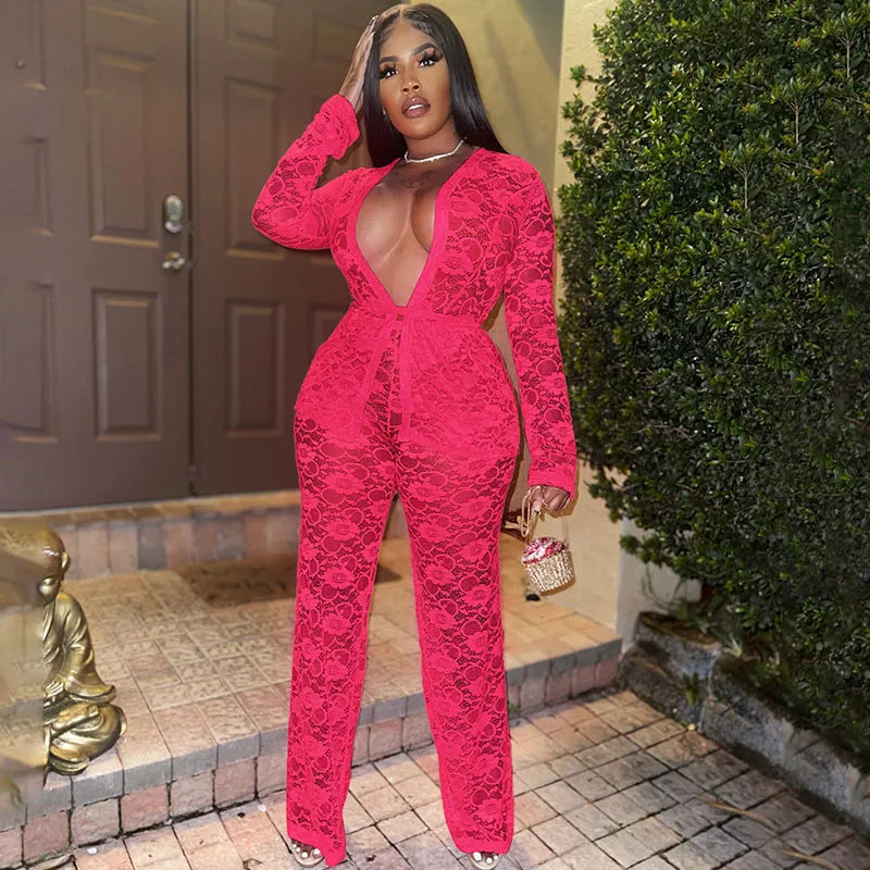 Sexy Lace Sheer Open Stitch Two Piece Set for Women