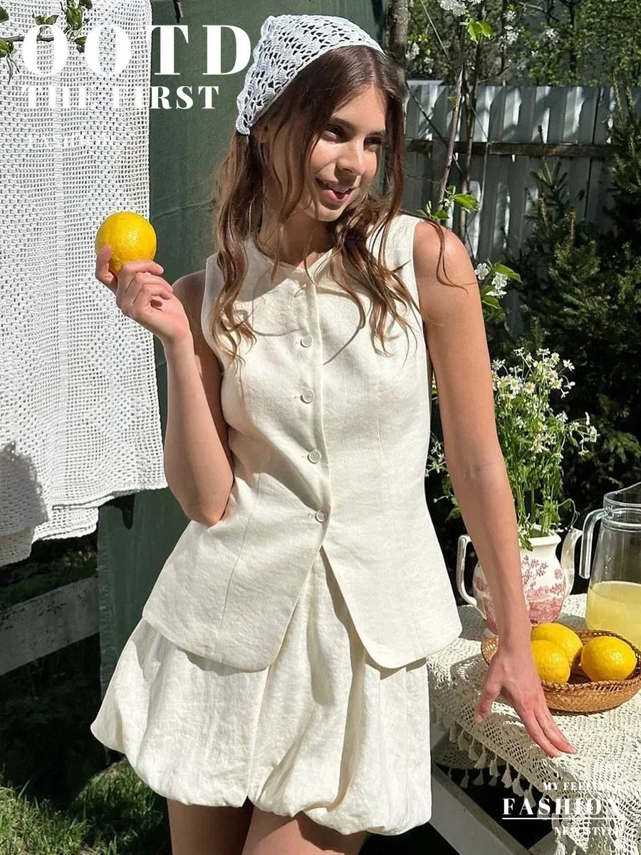 Casual Cotton Sleeveless Mini Skirt And Top Set for Women