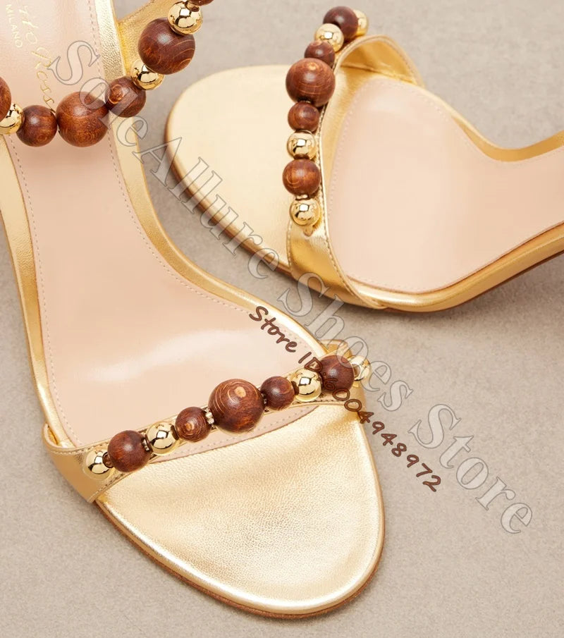 Metallic Gold Open Toe Lace Up Wood Bead Stiletto Sandals for Women