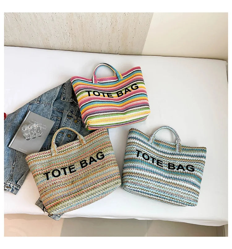 Large capacity beach woven bag, colorful striped tote bag, letter contrasting handbag for women