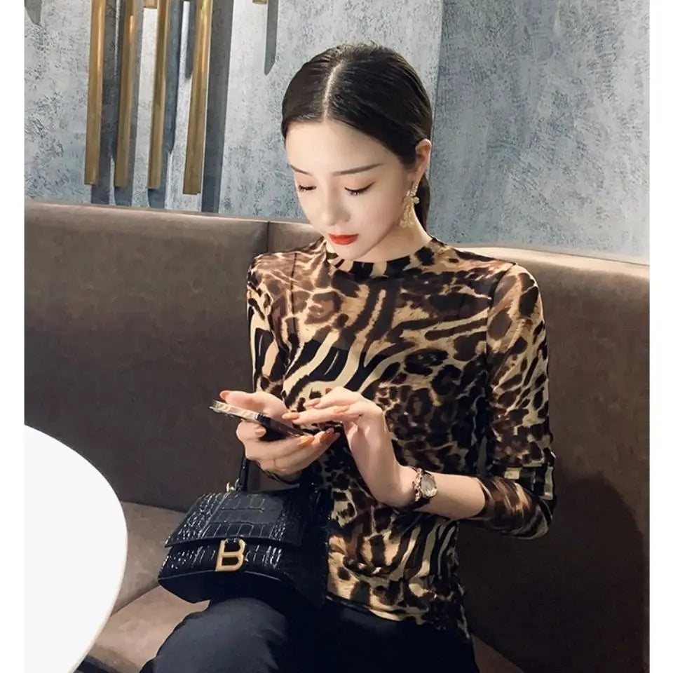 Top Female Mesh Leopard Print Women's Long Sleeve T-shirt Mature Spring Autumn Sexy Korean Reviews Many Clothes Japanese Vintage