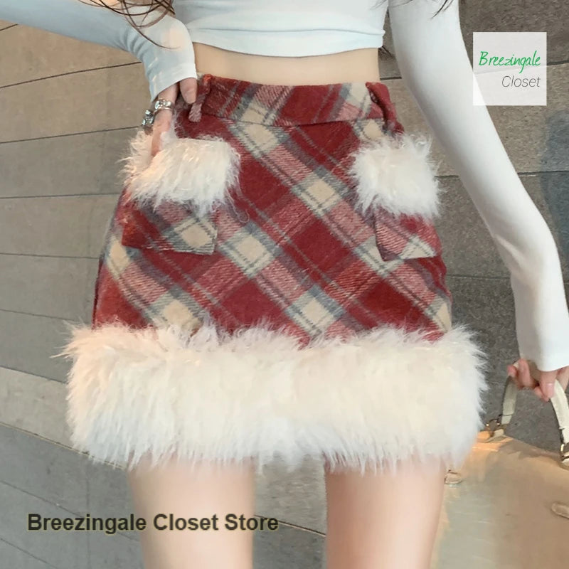 Classic Red Plaid High Waisted Pocket Skirt for Women
