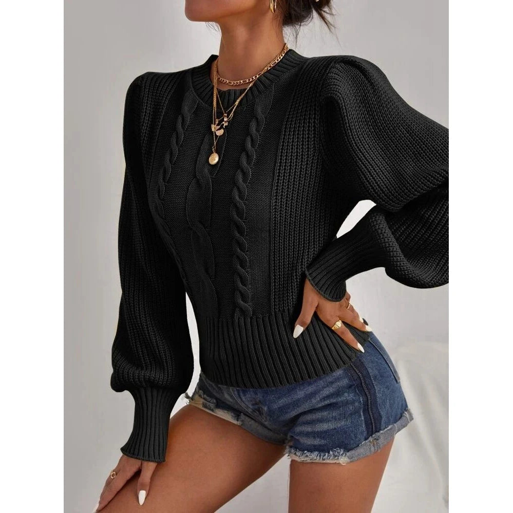 Women Round Neck Lantern Sleeve Knit Sweater Female Spring Casual Twist Rope Top y2k Clothes Streetwear