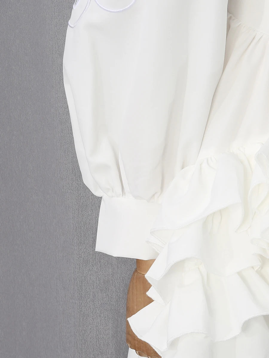 White Floral Cutout Puff Sleeve Gown With Asymmetric Train for Women