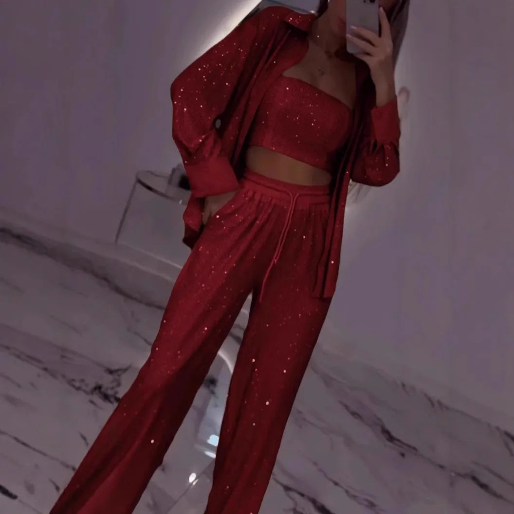 Casual Sequined Blazer With Wide Leg Pants Set For Women