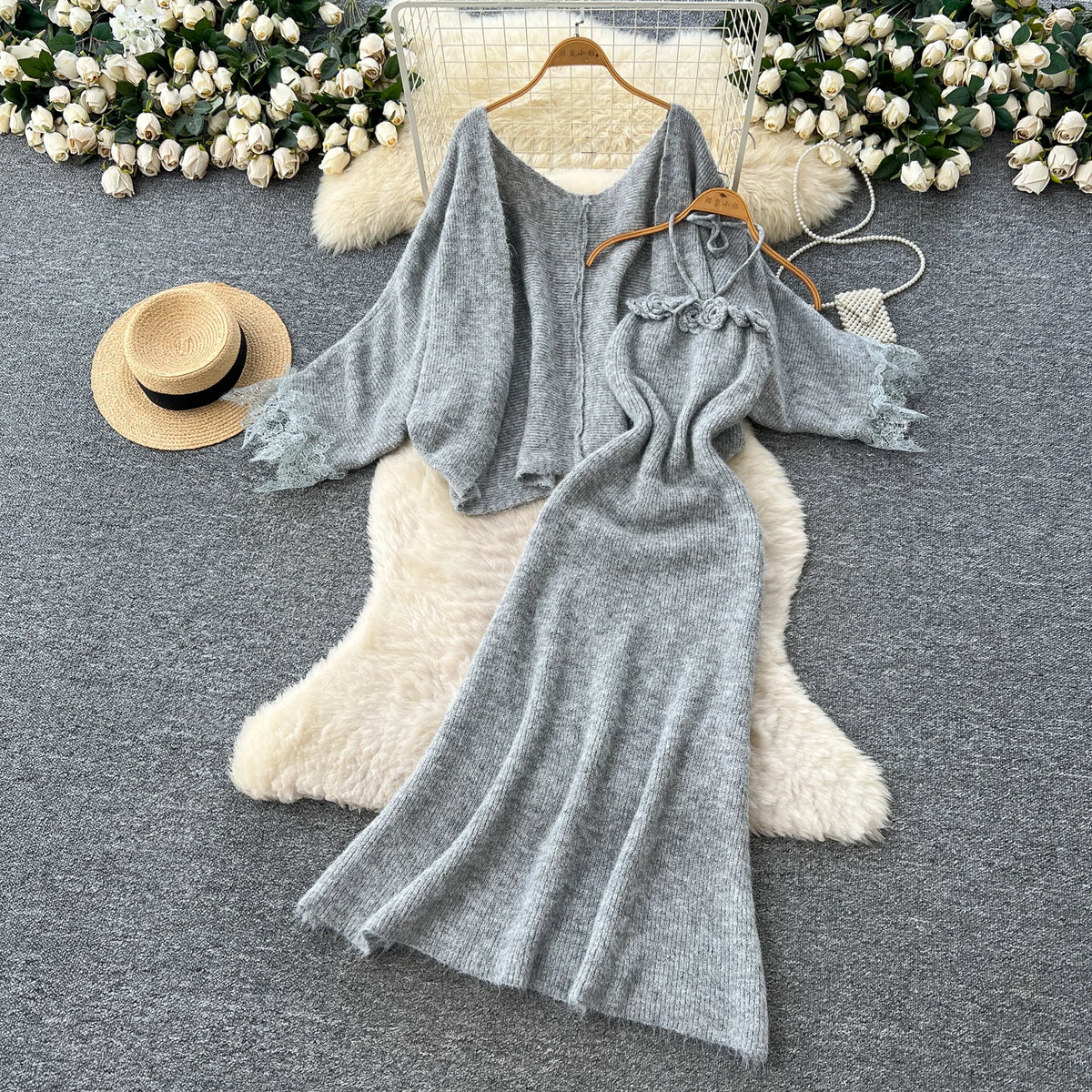 Lace Trim Knit Cardigan and Floral Halter Dress Set for Women