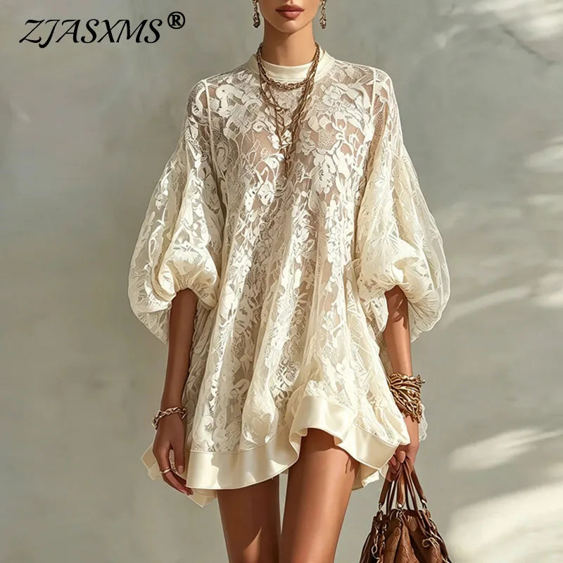 Floral Lace Puff Sleeve Boho Ruffle Mini Dress for Women