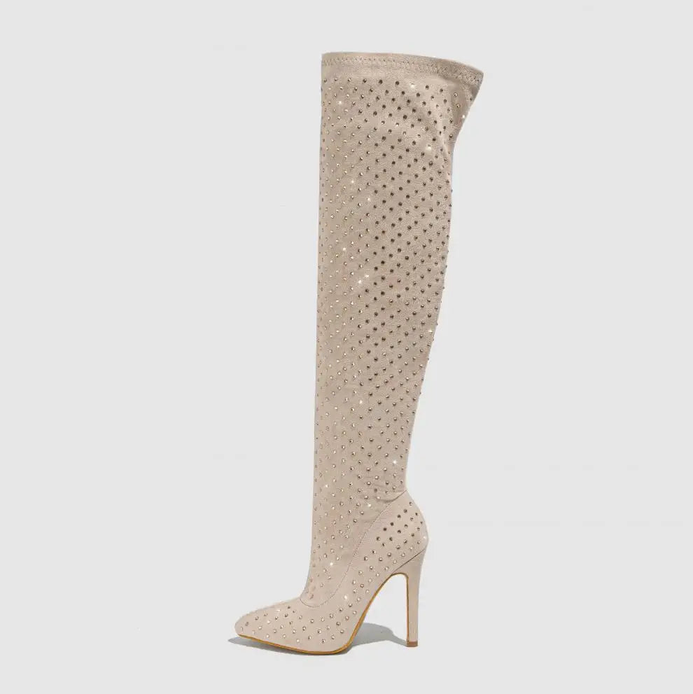 Stylish Suede Over The Knee Rhinestone Pointed Toe High Heel Boots for Women