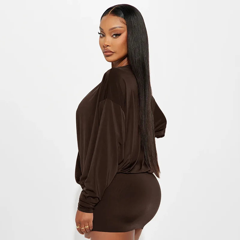 Solid Color Long-Sleeved V-Neck Mini Dress for Women