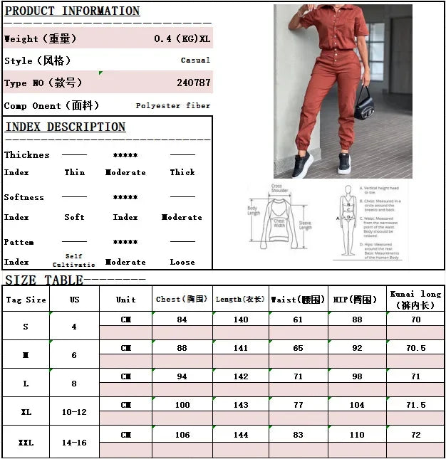 Women's Jumpsuit Summer 2025 Fashion Ankle Tied with A Lapel Pocket and Elastic Buttons At The Waist Short Sleeved Bodysuit Pant
