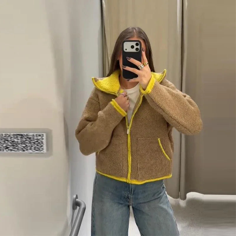 Fuzz Yellow Contrast Long Sleeve With Zipper Coat for Women