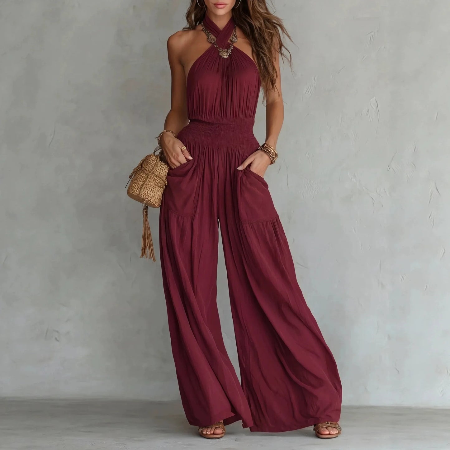 Halter Neck Solid Color Smocked High Waist Wide Leg Pockets Jumpsuit for Women