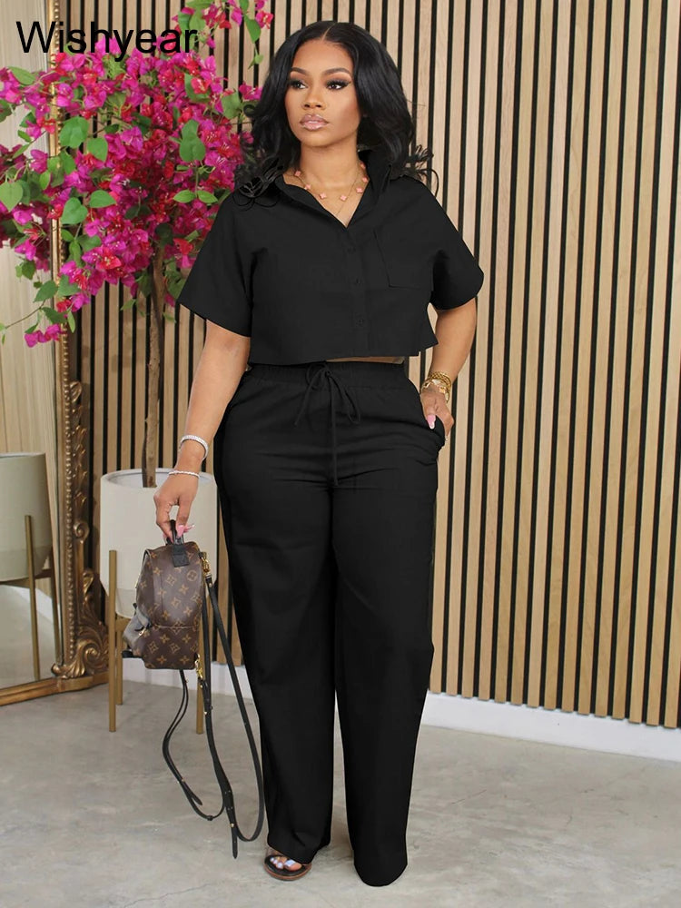 Casual Sports Linen Outfits Women's Short Sleeve Shirt and Wide Leg Pants Autumn 2 Piece Set Streetwear Office Fashion Tracksuit