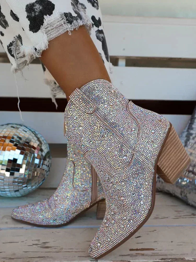 Glitter Western Ankle Boots With High Heels for Women