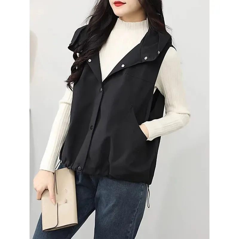 Casual Single Breasted Hooded Sleeveless Vest For Women