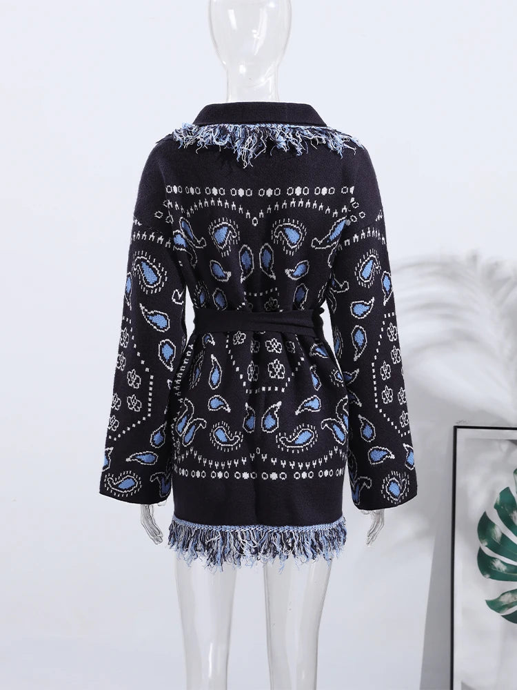 Vintage Patchwork Lace Up Long Sleeve Cardigan For Women