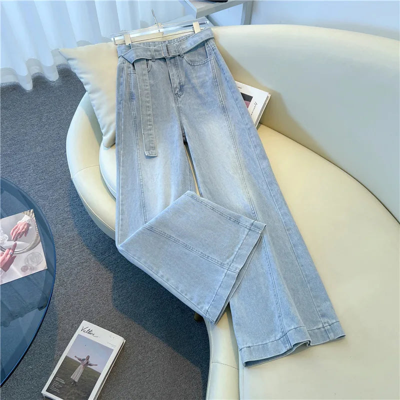Fashion High Waist  Belt Jeans for Womrn Korean Versatile Loose Light Blue Denim Pants Retro Design Sense Wide Leg Trousers