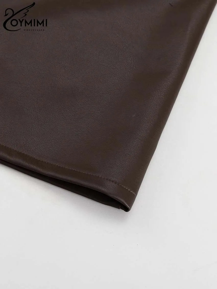 Oymimi Vintage Brown Pu Leather Skirts For Woman Elegant High Waisted Straight Skirts Casual Simple Ankle-Length Skirt Female