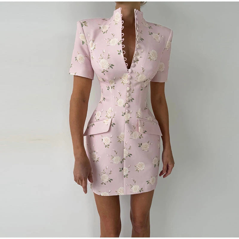 Elegant Printed Short Sleeve Stand Collar Dress for Women