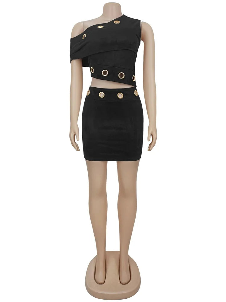 Hollow Out Skew Collar Crop Top and Skirt Two Piece Set for Women