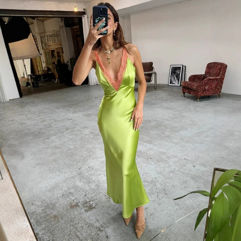 Lace Trim V-Neck Sleeveless Ankle Length Maxi Dress for Women