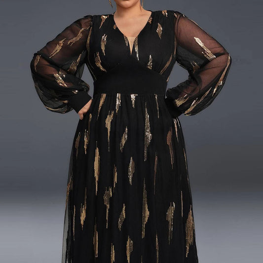 Plus Size Sequins Elegant Women's Dress Mesh Puff Sleeves Loose V-Neck Evening Midi Dresses Double Layer Hem Party Luxury Dress