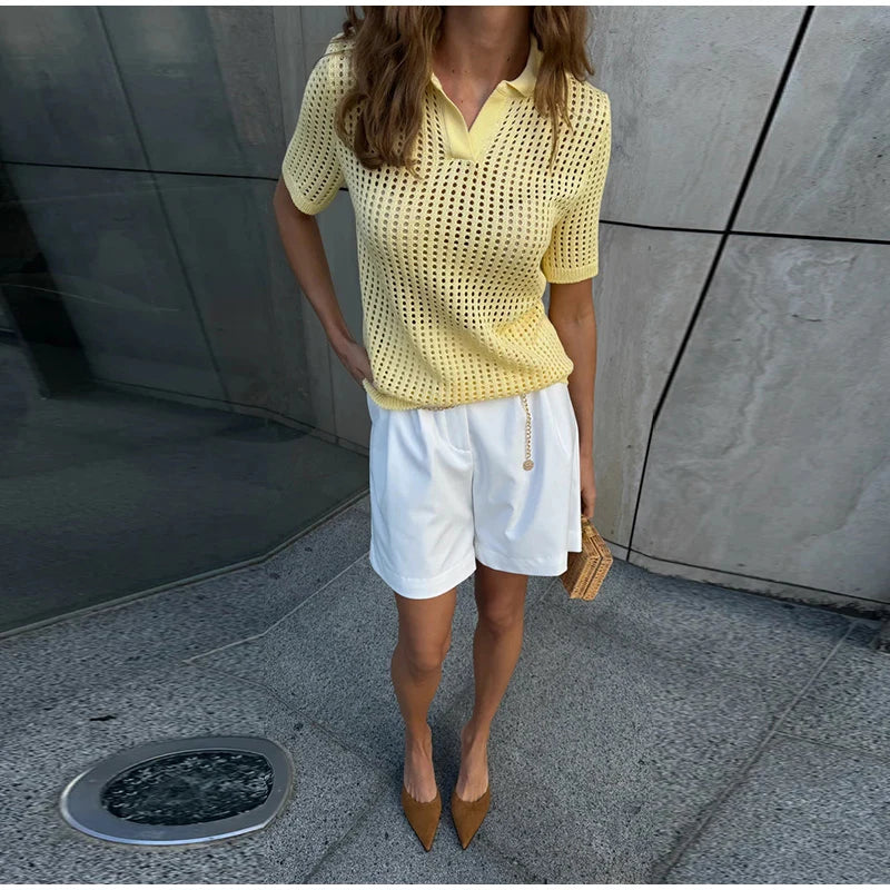 Casual Hollow Out Knit V Neck Pullover Sweater for Women