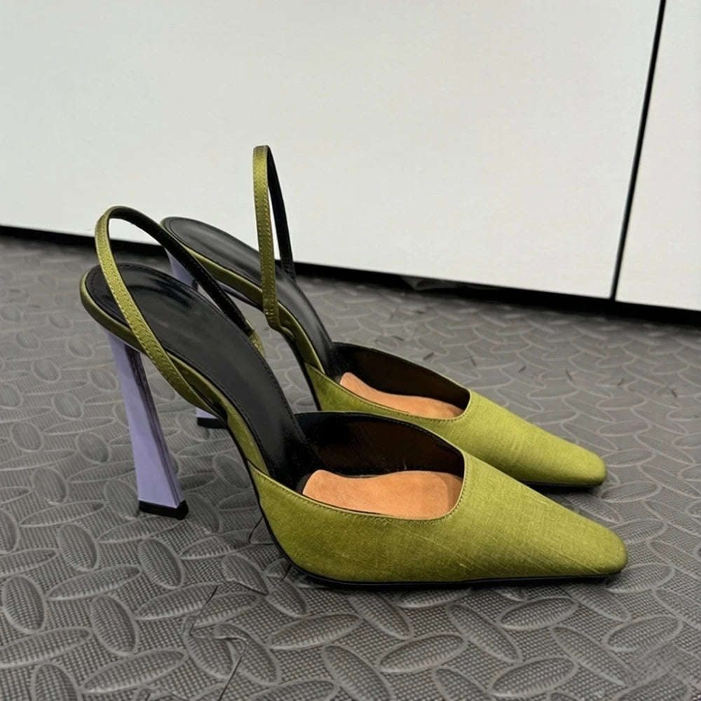 Pointed Green Purple Satin Pumps