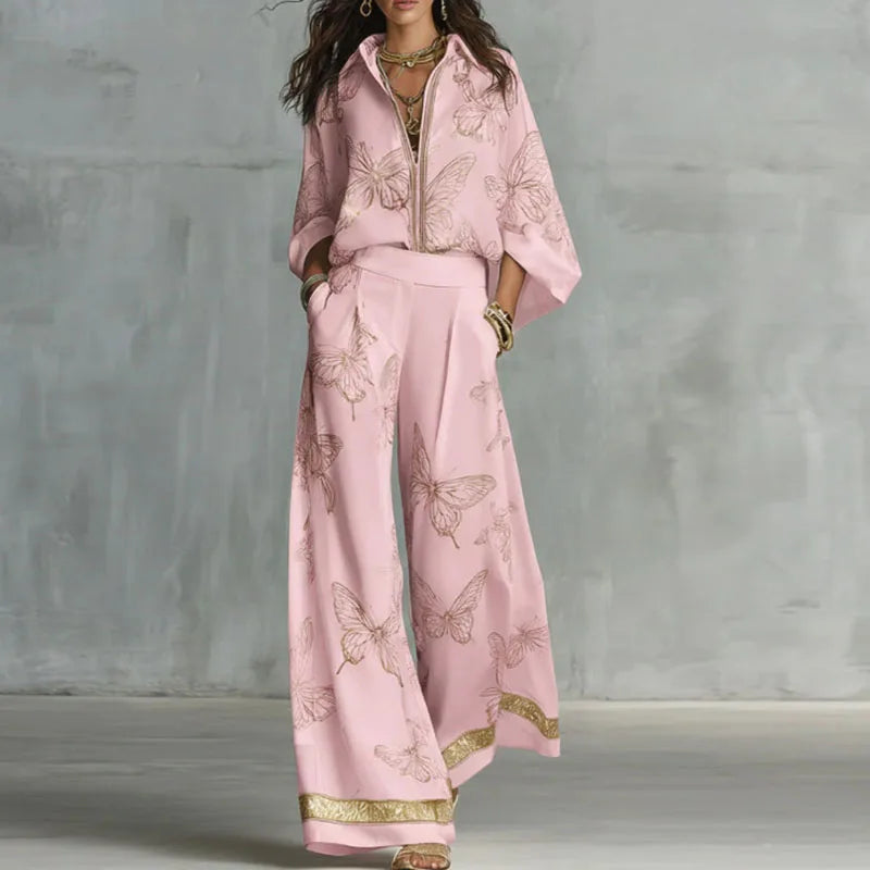 Butterfly Print Two Piece Shirt And Wide Leg Pants Set for Women