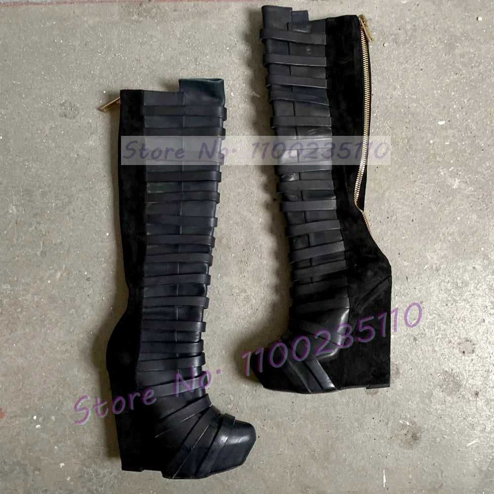 Chic Black Platform Wedge Knee High Boots for Women