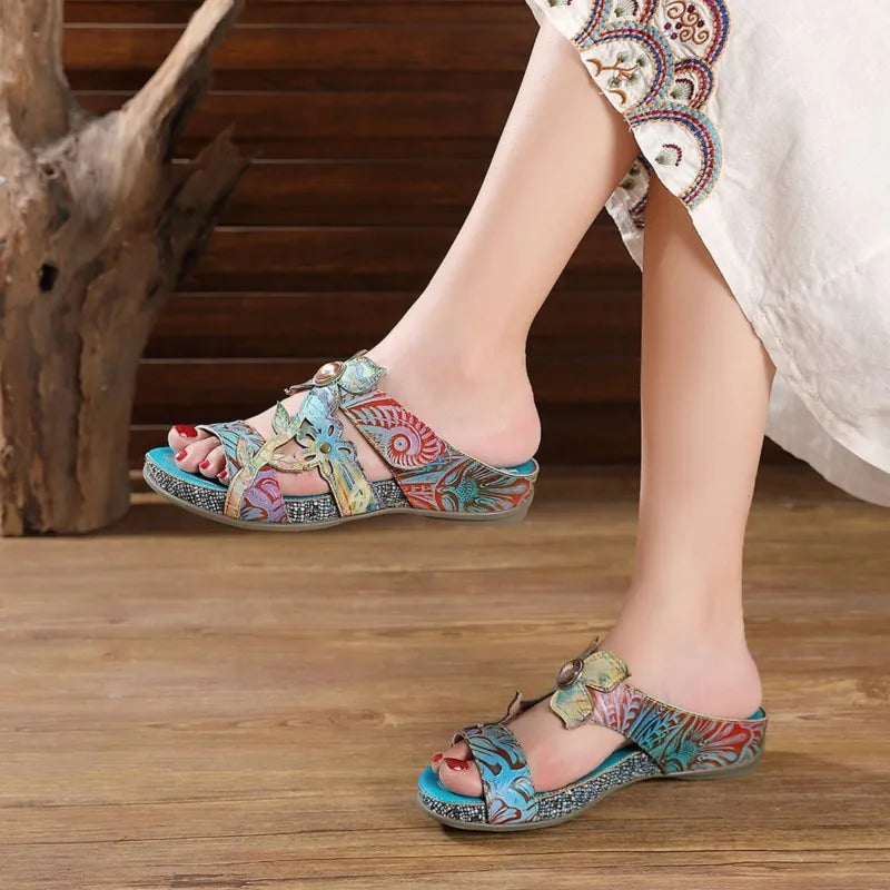 Hand Painted Genuine Leather Outdoor Summer Slides for Women