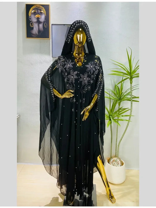 Middle East Africa Hot Muslim Long Robe Vintage Diamond Bead Shoulder Cover Hooded Cloak Dress Bat Sleeve Women's Dress New