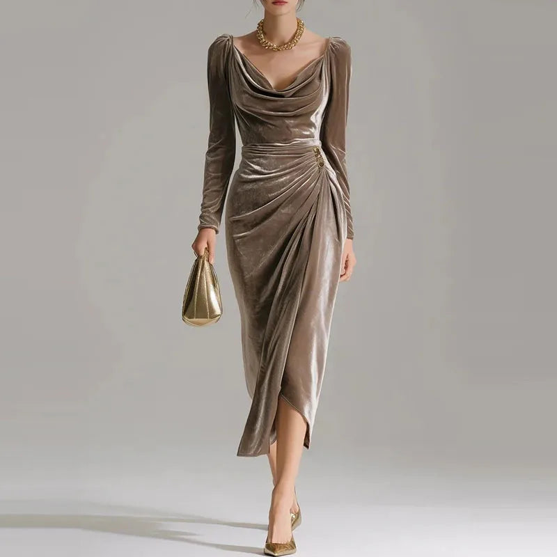 Elegant Velvet Draped Square Neck Long Sleeve A-Line Dress for Women