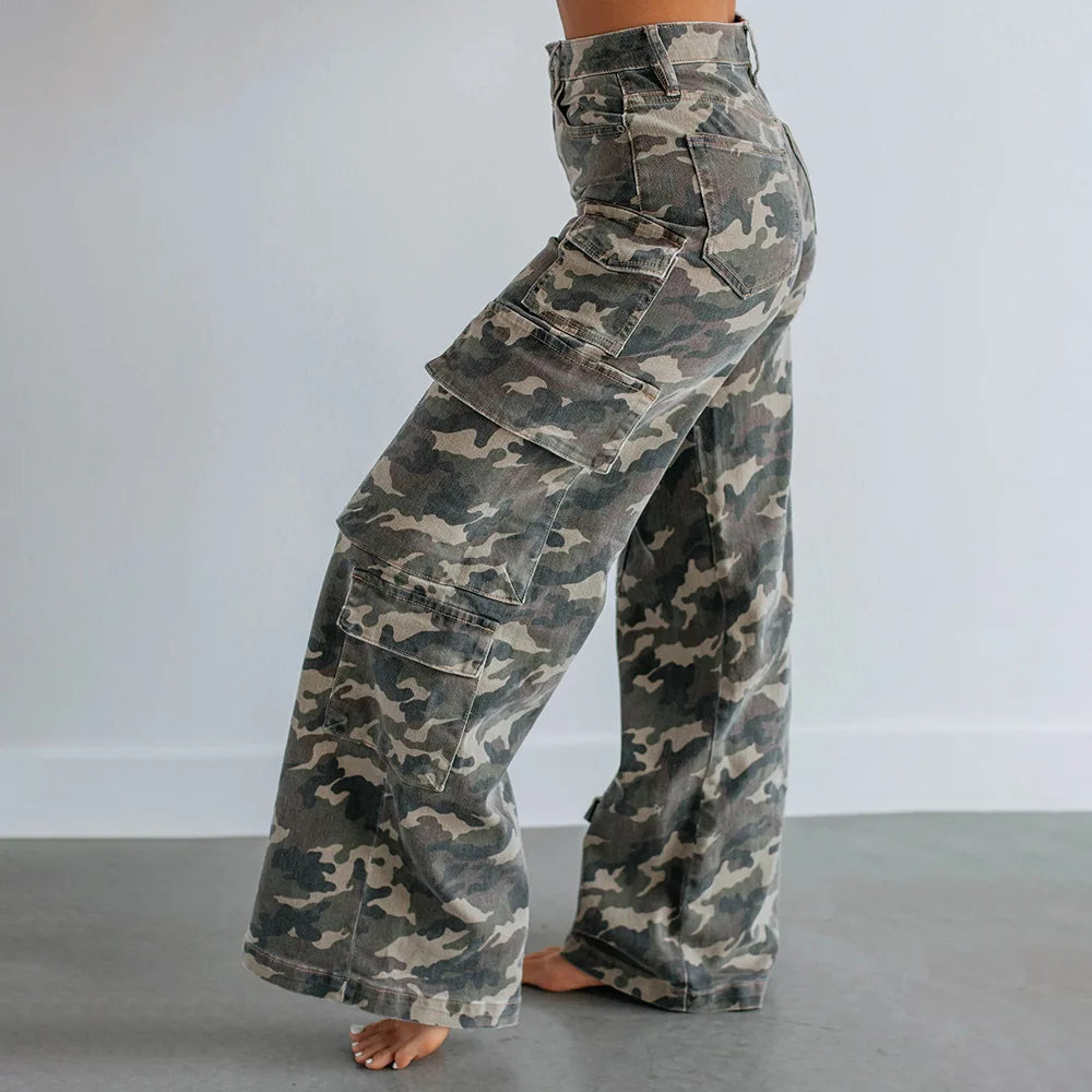 High Waist Camouflage Wide Leg Cargo Pants for Women