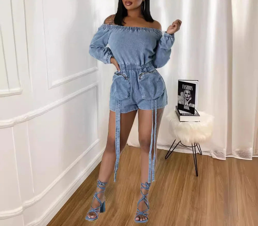 Denim Jumpsuit Womens Clothing Pocket Sexy  Chest Hugging Elastic Waist Long Sleeves Conjoined Body Shorts for Female Streetwear