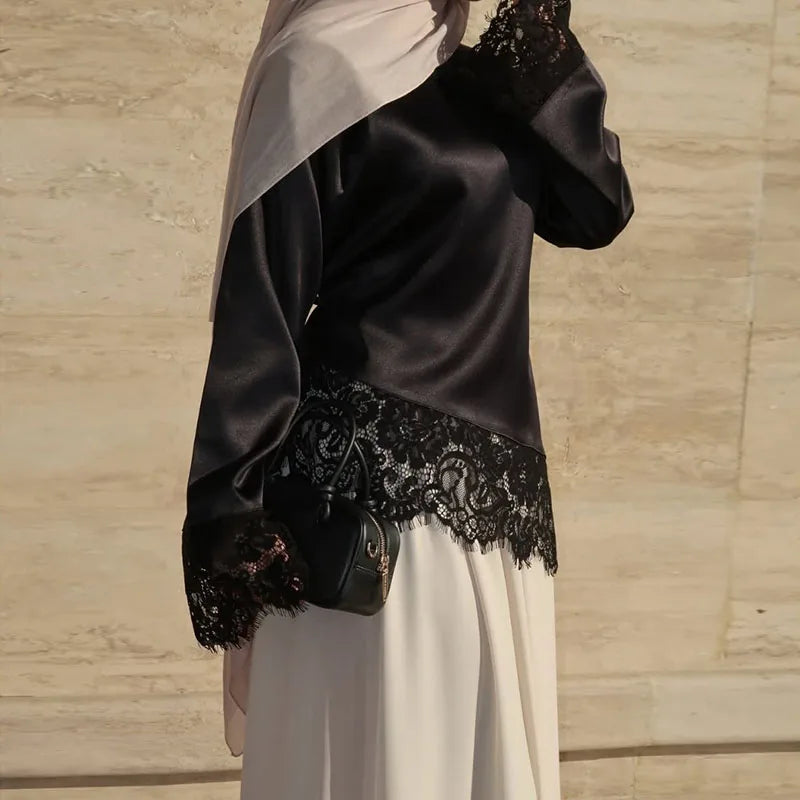 Asymmetric Lace Patchwork Loose Long Sleeve Shirt for Women