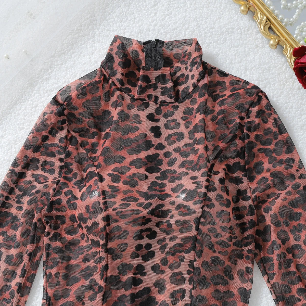 Slim Fit Leopard Print Long Sleeve Two Piece Set for Women