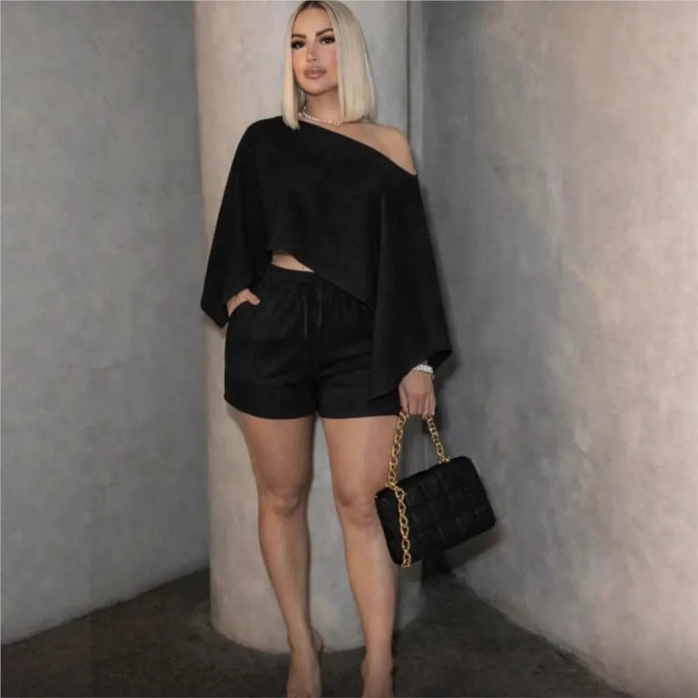 Off Shoulder Bat Sleeve Top Two Piece Set for Women