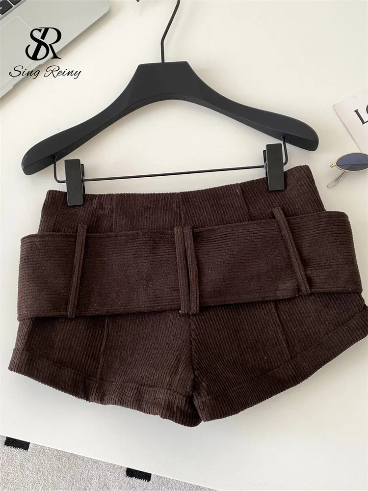 Retro Corduroy Button Detail Low Waist Shorts for Women