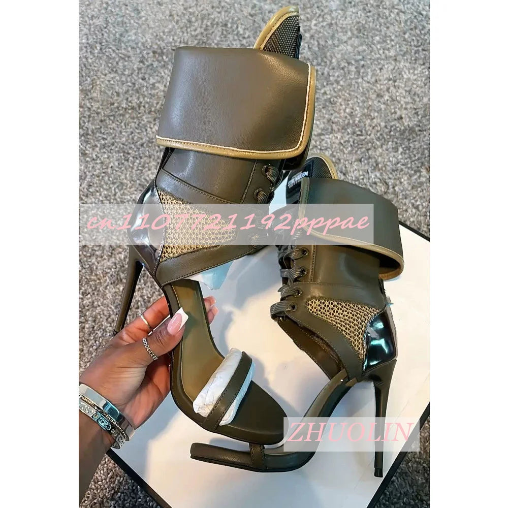 Army Green Open Toe Mesh Lace Up Gladiator High Heel Sandals for Women