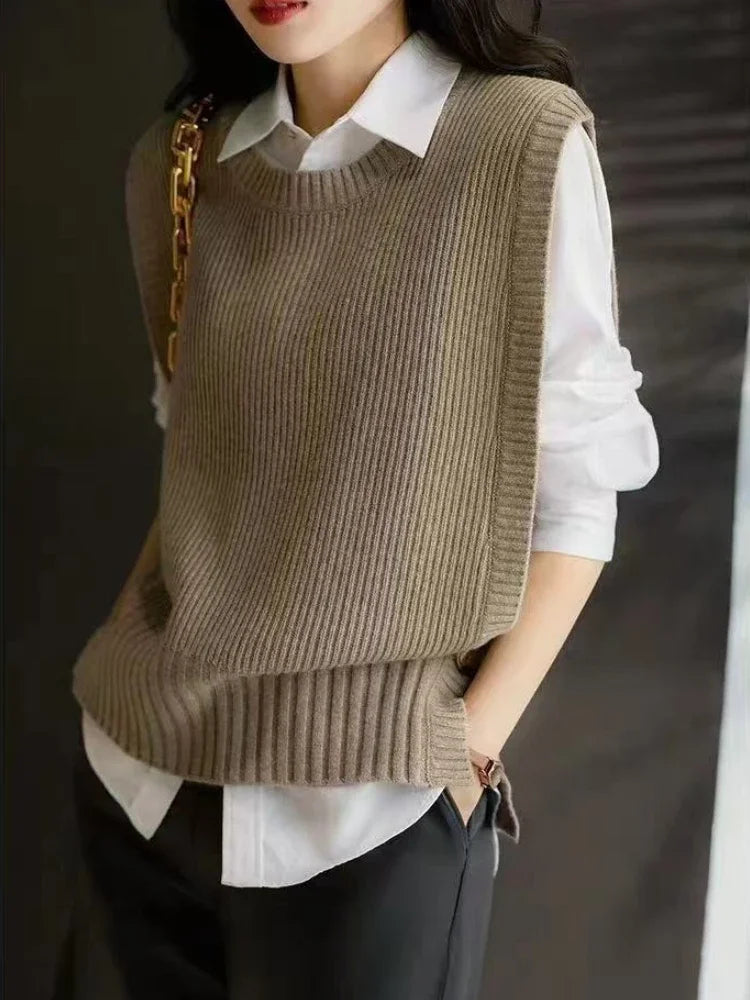 Waistcoat Round O Neck Solid Knit Vests for Women Pullover Lady Sweaters Wool Fashion 2025 Smooth Sleeveless Clothing Winter Y2k