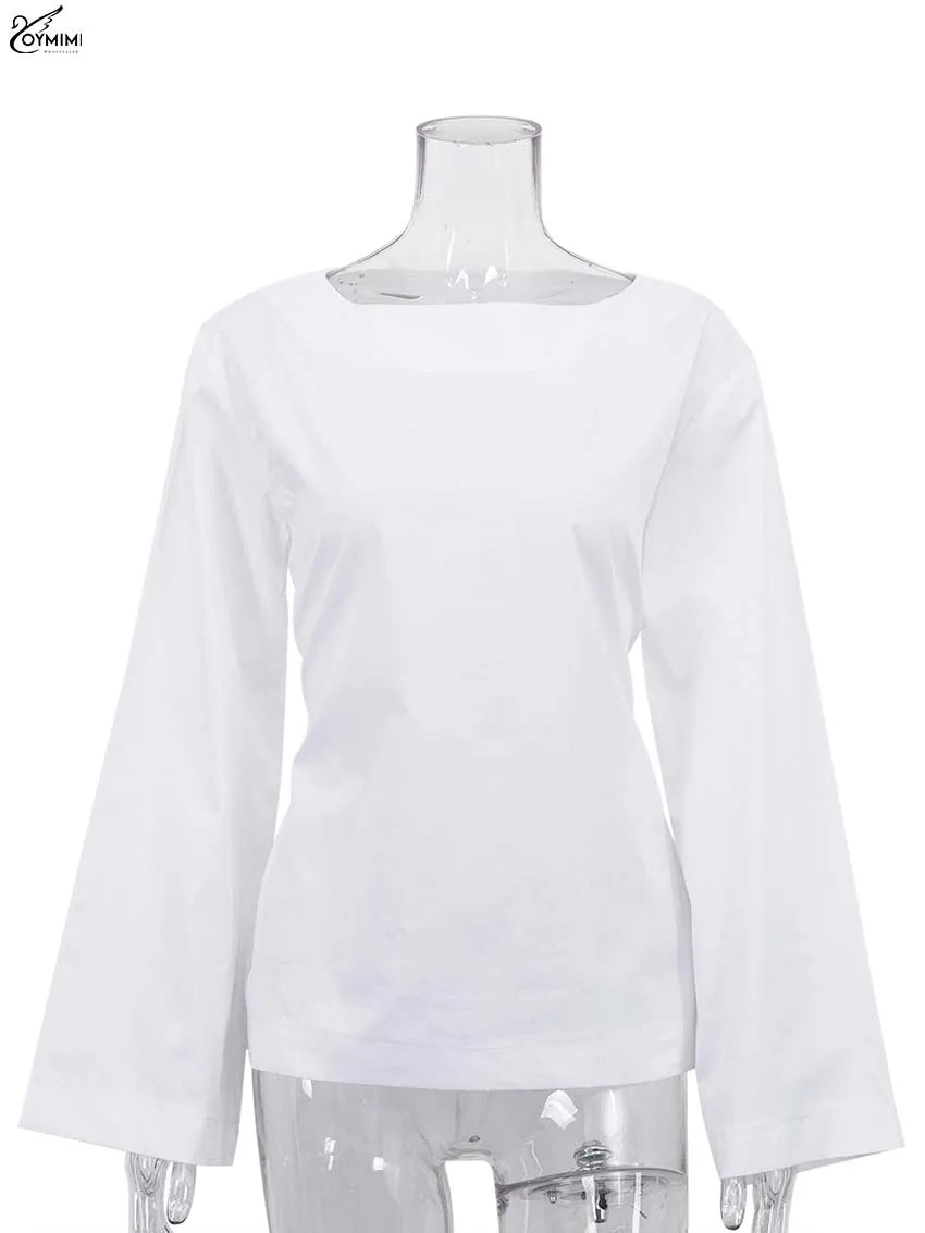 Oymimi Fashion Black Cotton Women's Blouse Elegant O-Neck Long Sleeve Loose Blouses Casual New Solid Lace-Up Blouses Streetwear