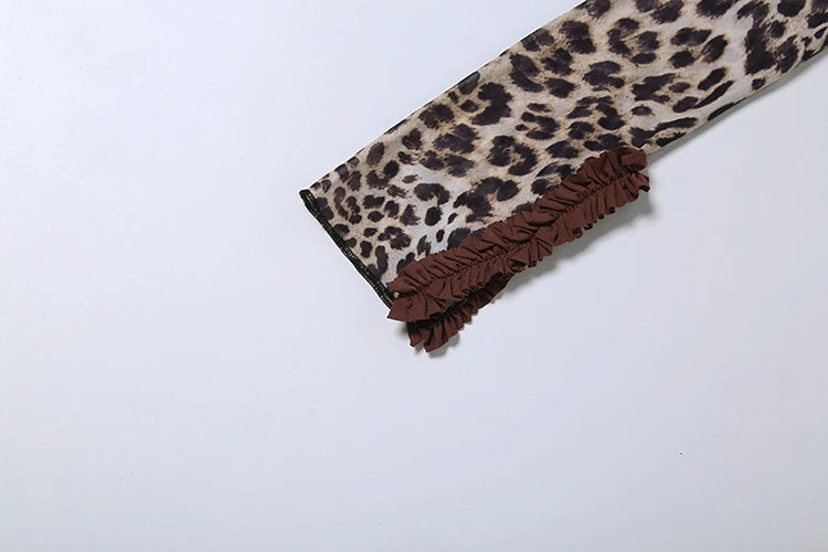 Leopard Print Sheer Ruffle Sleeve Romper for Women