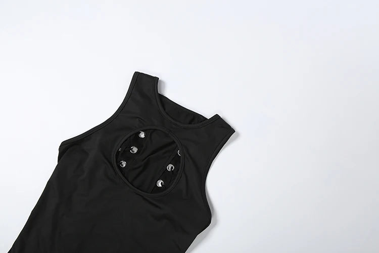 Sexy O-Neck Hollow Out Mini Dress with Metal Ring Cross Detailing for Women