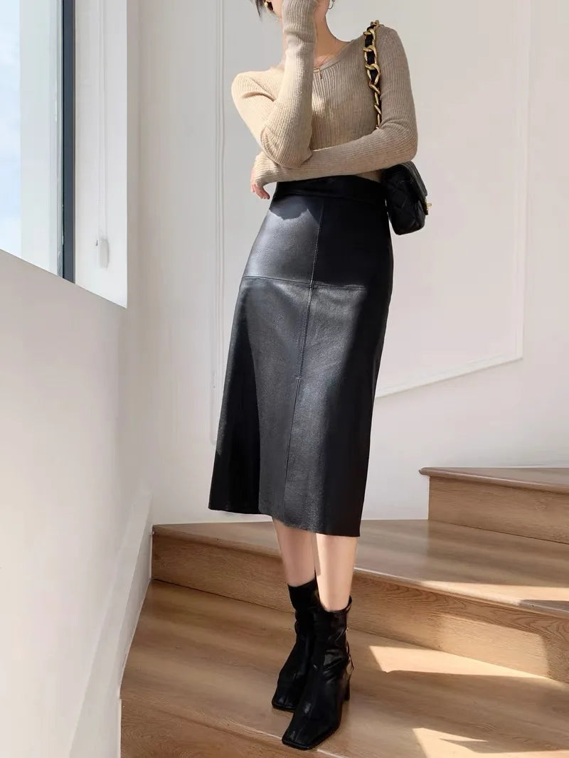Long Skirts Women High Waist 2025 New Office Ladies Genuine Leather Skirt A-Line