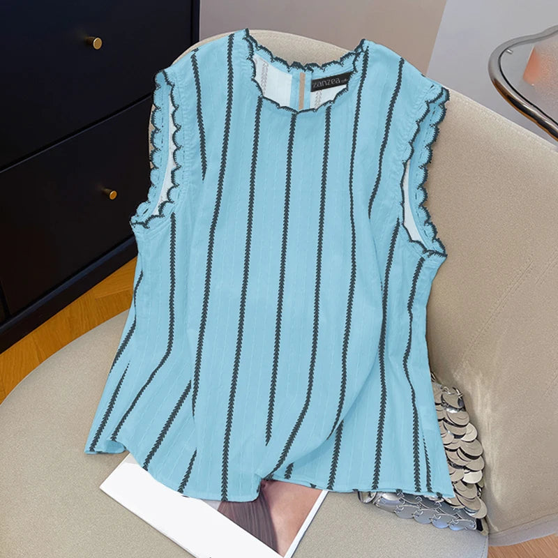 ZANZEA Women Fashion Striped Tanks Elegant Lace Trim Round Neck Sleeveless Tops 2025 Summer Lightweight Casual Tank Tops