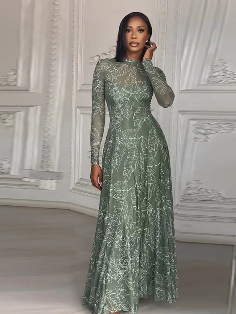 Beach Print Pleated Long Sleeve Maxi Dress for Women